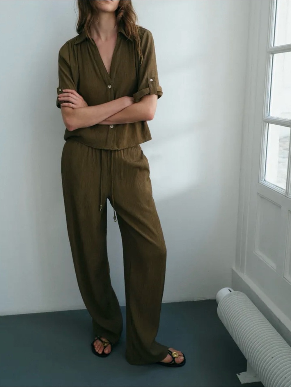 Zara Olive Wide-Leg Drawstring Jumpsuit M